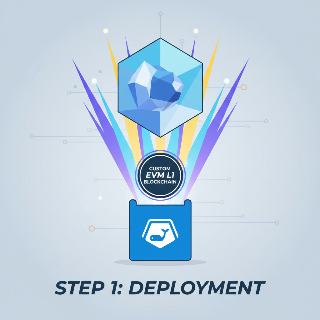 docker container deploying custom EVM L1 blockchain on avalanche, explosive energy beams