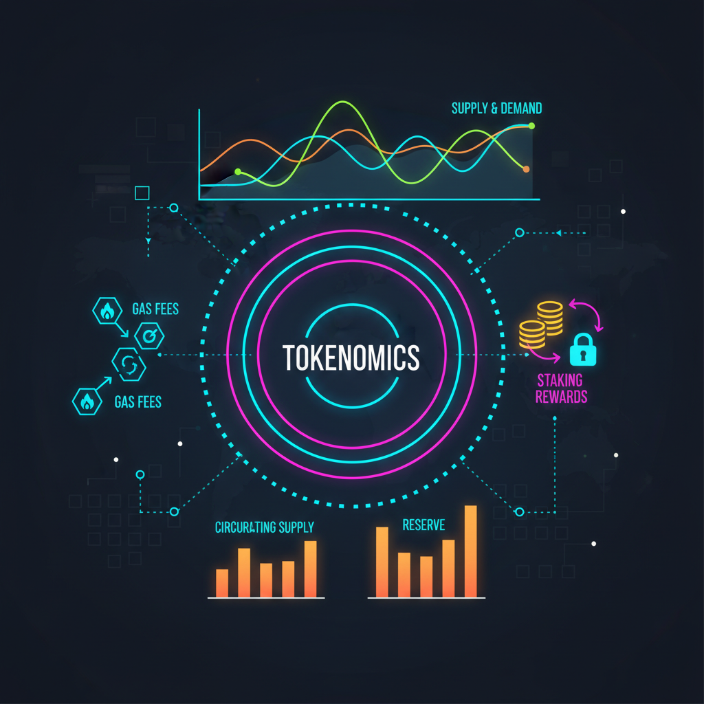 glowing tokenomics chart with gas fees and staking icons, blockchain network visualization, neon economic graphs