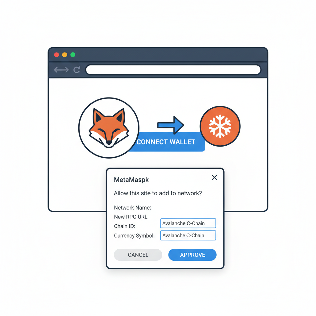 MetaMask wallet connecting to Avalanche subnet, browser popup, sleek UI