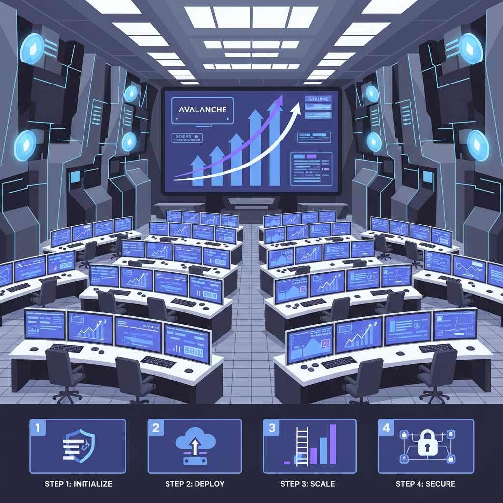 Massive enterprise control center with Avalanche dashboards, scaling graphs skyrocketing, fortified security walls
