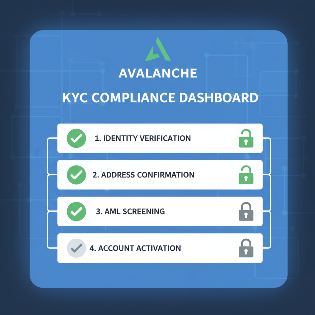KYC compliance dashboard on blockchain with checkmarks and locks, Avalanche branding