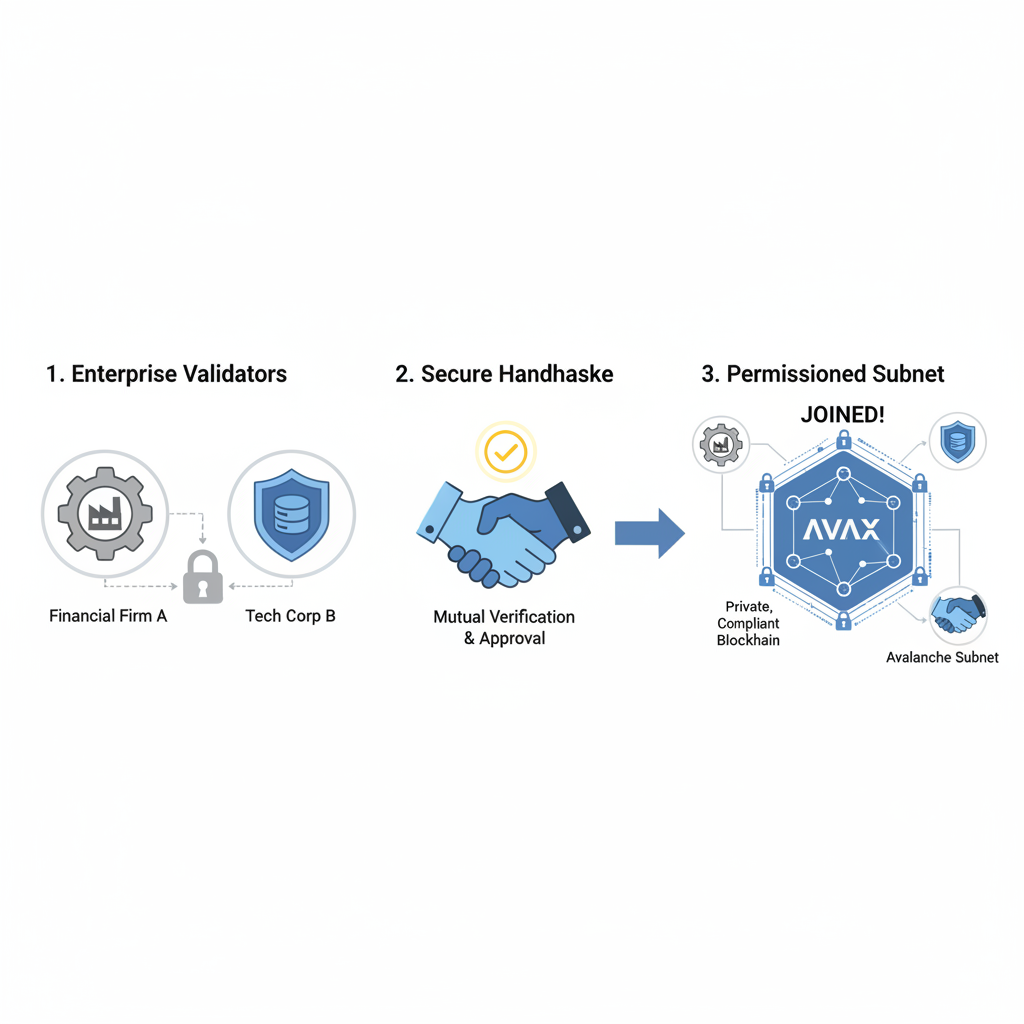 enterprise validators joining permissioned Avalanche subnet, secure handshake icons