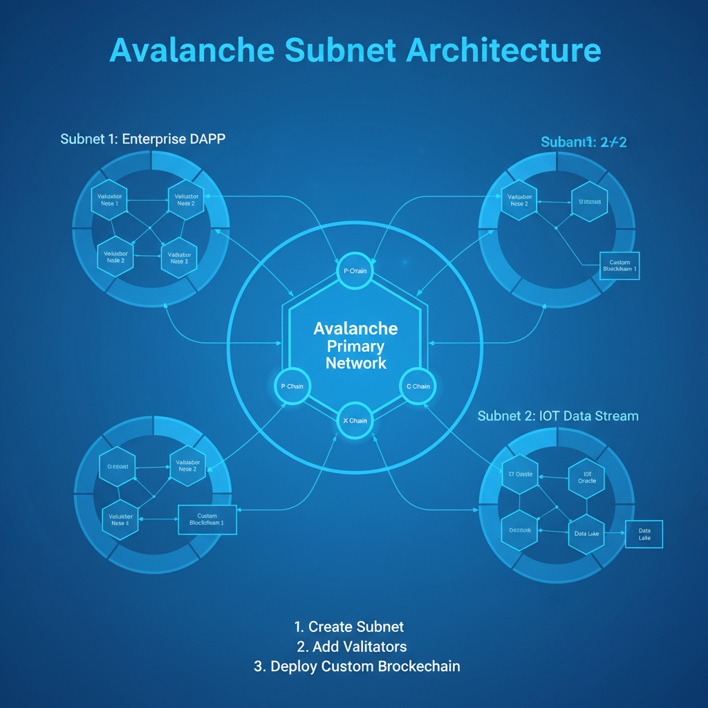 Avalanche subnet architecture diagram, enterprise blockchain nodes connected, futuristic blue tones